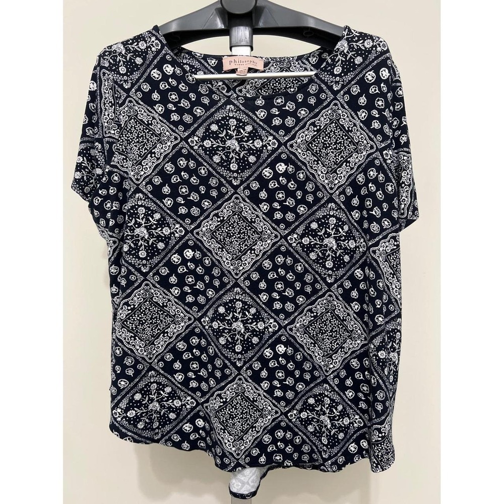 Philosophy Woman Navy White Bandana Patchwork Top Plus Size 1X Blouse